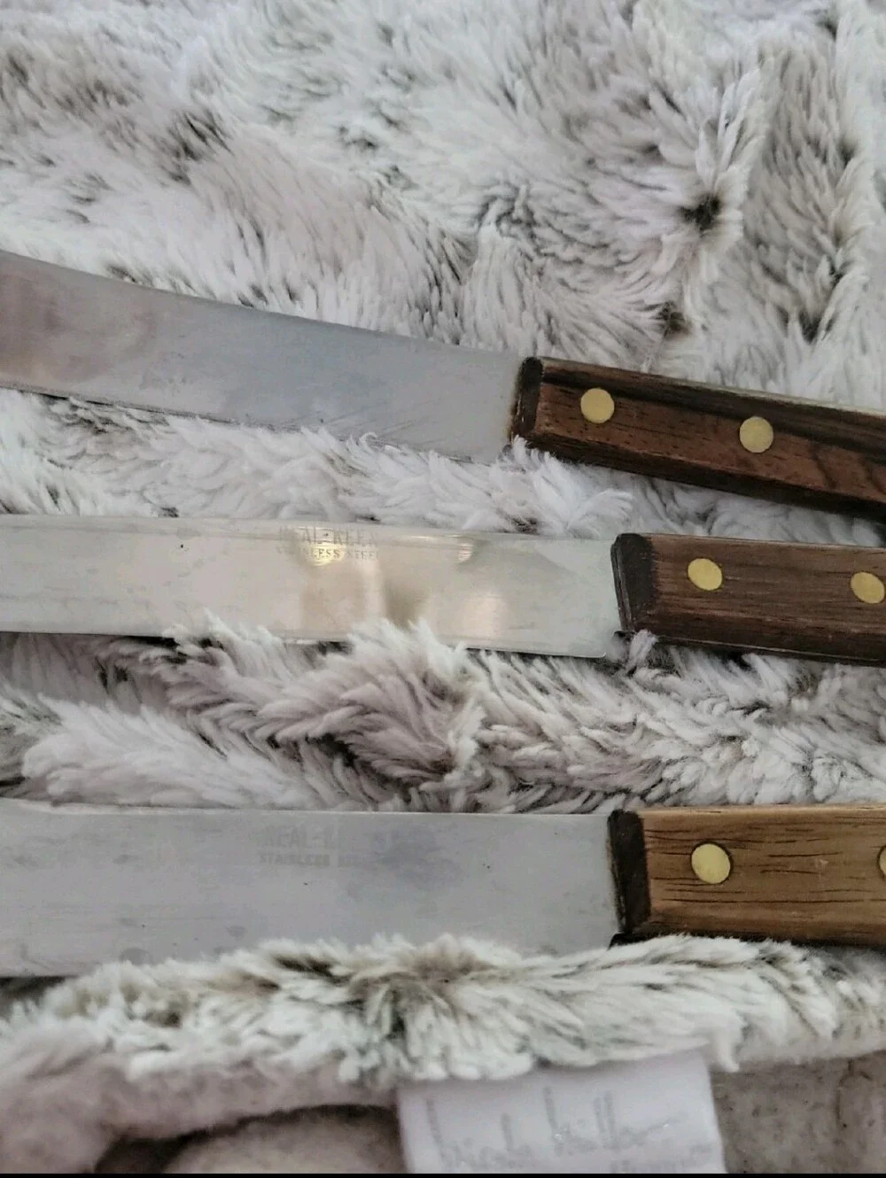Vintage THREE Real Keen Stainless Butcher Knives Wood Handles